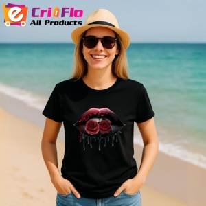 Tricou Buze femeie negre cu trandafiri rosii luciosi, Lip gloss, Copii | Dama, culoare negru - Img 11