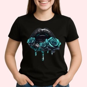 Tricou Buze femeie negre lucioase cu trandafir gri, Lip gloss, Copii | Dama, culoare negru - Img 3