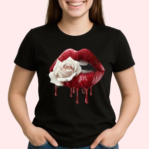 Tricou Buze femeie rosii cu trandafir alb contrastant, Lip gloss, Copii | Dama, culoare negru