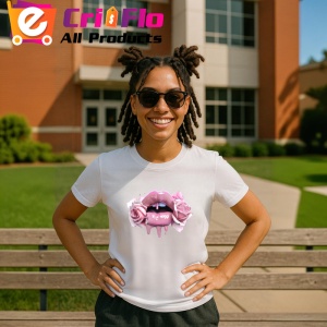 Tricou Buze femeie roz intens cu trandafir rosu si roz, Lip gloss, Copii | Dama - Img 11