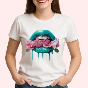 Tricou Buze femeie turcoaz cu 3 trandafiri roz pal, Lip gloss, Copii | Dama - Img 2
