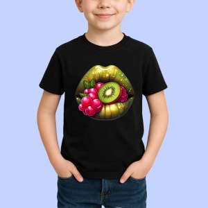 Tricou Buze jumatate rosu jumatate negru cu trandafiri, Lip gloss, Copii | Dama, culoare negru - Img 2