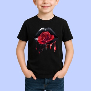 Tricou Buze negre cu trandafir rosu aprins, Lip gloss, Copii | Dama, culoare negru