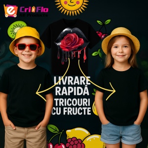 Tricou Buze negre cu trandafir rosu aprins, Lip gloss, Copii | Dama, culoare negru - Img 7