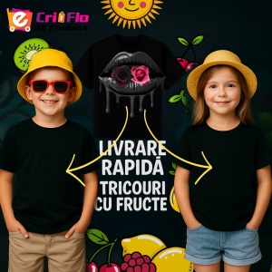Tricou Buze negre cu trandafir roz inchis, Lip gloss, Copii | Dama, culoare negru - Img 12