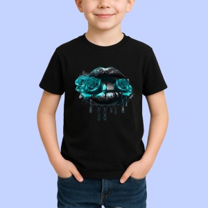 Tricou Buze negre cu trandafiri rosii luciosi, Lip gloss, Copii | Dama, culoare negru - Img 3