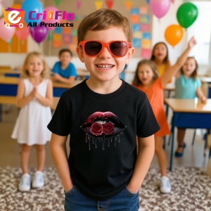 Tricou Buze negre cu trandafiri rosii luciosi, Lip gloss, Copii | Dama, culoare negru - Img 10