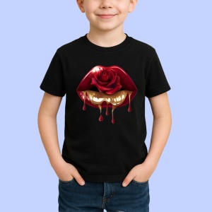 Tricou Buze rosii cu trandafir rosu si sclipici, Lip gloss, Copii | Dama, culoare negru