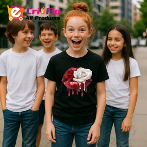 Tricou Buze rosu cu trandafir roz si lumina delicata, Lip gloss, Copii | Dama, culoare negru - Img 11