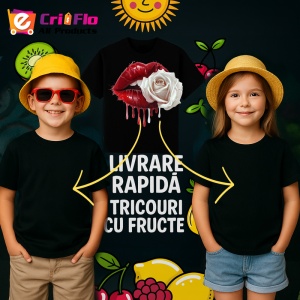 Tricou Buze roz lucios cu trandafiri pastel, Lip gloss, Copii | Dama, culoare negru - Img 18