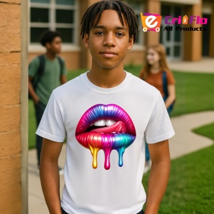 Tricou Buze roz mov cu efect lichid lucios fundal alb Copii | Dama | Barbat - Img 4