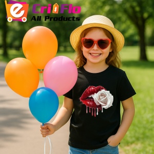 Tricou Buze stropite cu trandafir alb elegant, Lip gloss, Copii | Dama, culoare negru - Img 4