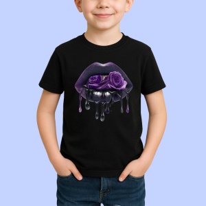 Tricou Buze violet cu trandafiri roz si mov, Lip gloss, Copii | Dama, culoare negru
