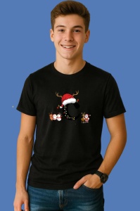 Tricou C Litera Cu Luminite Reni Si Mos Craciun, din bumbac 100% Copii | Dama | Barbat - Img 2