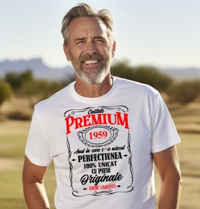 Un bărbat cu păr grizonat și barbă, zâmbind și purtând un tricou alb cu mesajul: „Calitate Premium 1959, anul în care s-a născut perfecțiunea, 100% unicat cu piese originale, ediție limitată”. Bărbatul se află într-un cadru natural, cu un peisaj de câmpie