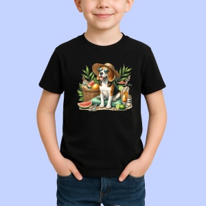 Tricou Caine beagle palarie cos picnic pepene cocktail, Copii | Dama | Barbat , tricou negru - Img 2