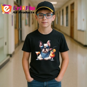 Tricou Caine bulldog francez ochelari esarfa cocktail vara, Copii | Dama | Barbat , tricou negru - Img 6