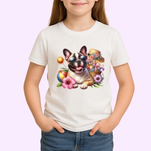 Tricou caine bulldog francez ochelari plaja flori cocktail, Copii | Dama | Barbat - Img 3