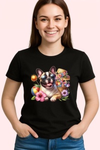 Tricou Caine bulldog francez ochelari plaja flori cocktail, Copii | Dama | Barbat , tricou negru