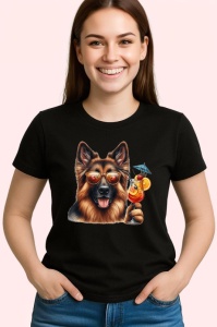 Tricou Caine ciobanesc german ochelari cocktail rosu vara, Copii | Dama | Barbat , tricou negru - Img 3