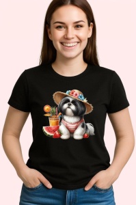 Tricou Caine shih tzu palarie floare cocktail pepene vara, Copii | Dama | Barbat , tricou negru - Img 3