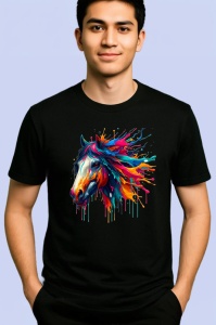 Tricou Cal realist cu pete curcubeu fundal alb Copii | Dama | Barbat, culoare negru - Img 2