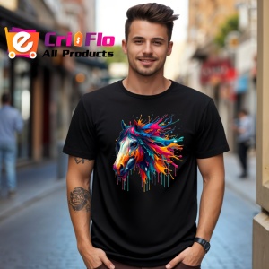 Tricou Cal realist cu pete curcubeu fundal alb Copii | Dama | Barbat, culoare negru - Img 5