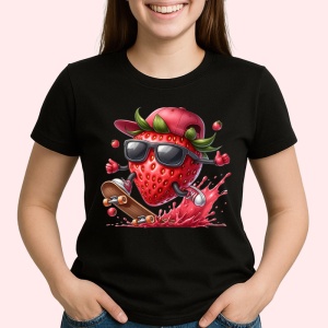Tricou Capsuna amuzanta de vara skateboard, Fructe, Copii | Dama, culoare negru - Img 2