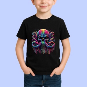 Tricou Caracatita cu craniu stil fantasy si street art combinat Copii | Dama | Barbat, culoare negru - Img 4