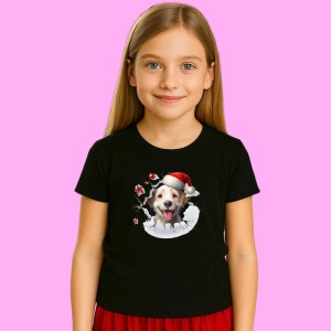 Tricou Catel Cu Fundal Negru Si Caciula Craciun, din bumbac 100% Copii | Dama | Barbat - Img 2