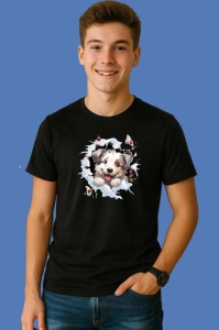 Tricou Catel Cu Fundal Negru Si Zambet Craciun, din bumbac 100% Copii | Dama | Barbat - Img 2