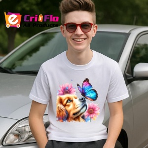 Tricou Cavalier King Charles Spaniel cu fluture violet si margarete Copii | Dama | Barbat Barbat - Img 5