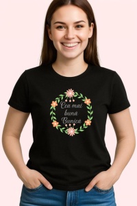 Tricou Cea Mai Buna Bunica V3 Coronita Frunze, din bumbac 100%, tricou negru Dama | Barbat - Img 2