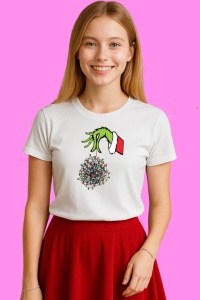 Tricou Christmas Light Grinch Hand, din bumbac 100%, tricou alb, Copii | Dama | Barbat - Img 3