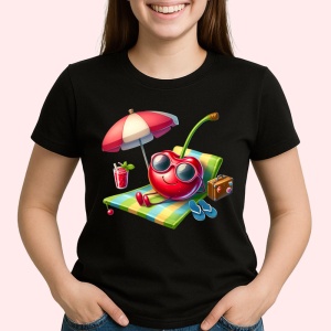 Tricou Cireasa de vara amuzanta la plaja, Fructe, Copii | Dama, culoare negru - Img 2