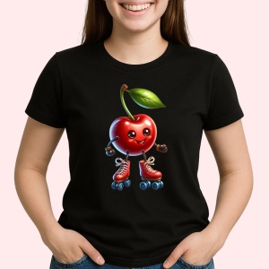 Tricou Cireasa de vara amuzanta pe role, Fructe, Copii | Dama, culoare negru - Img 2