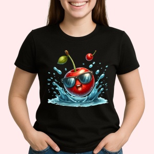Tricou Cireasa de vara amuzanta sarind in apa, Fructe, Copii | Dama, culoare negru - Img 2