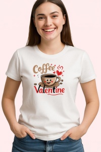 Tricou Coffee Valentine Ceasca Cafea Cu Inimi, din bumbac 100% , tricou alb pentru Dama | Barbat