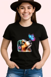 Tricou Collie australian cu fluture mov si roz pe nas design pastelat Copii | Dama | Barbat, negru - Img 4