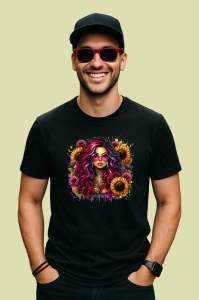 Tricou Colorful hair woman sunflower frame, femeie cu par colorat si floarea soarelui, Copii | Dama | Barbat , tricou negru - Img 4