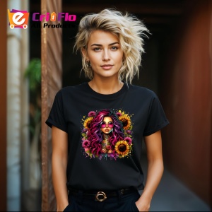 Tricou Colorful hair woman sunflower frame, femeie cu par colorat si floarea soarelui, Copii | Dama | Barbat , tricou negru - Img 8