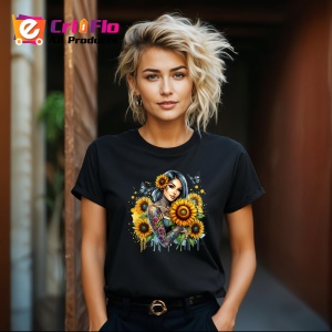Tricou Confident girl sunflowers and butterflies, fata increzatoare cu flori si fluturi, Copii | Dama | Barbat , tricou negru - Img 8
