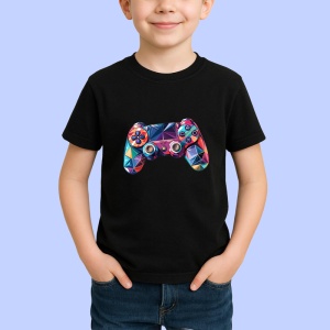 Tricou Controller Gaming Colorat Poligonal, Copii | Dama | Barbat, culoare negru - Img 3