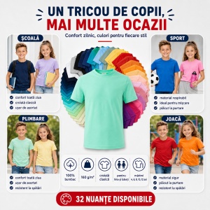 Tricou copii 100% bumbac,pentru fete și băieți 160 gm/², 32 nuanțe, mărimi 4–12 ani - Img 5