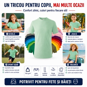 Tricou Copii Basic Malfini – 100% Bumbac, Mânecă Scurtă, 33 Culori pentru Fete și Băieți, Calitate Premium - Img 7