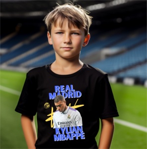 Tricou copii din bumbac 100%, personalizat cu fotbalistul Kylian Mbappe - Real Madrid - Cadou