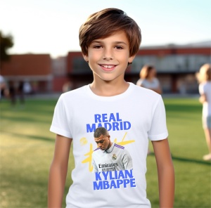 Tricou copii din bumbac 100%, personalizat cu fotbalistul Kylian Mbappe - Real Madrid - Cadou - Img 5