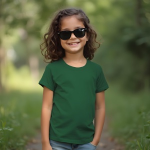 Copil purtând ochelari de soare și tricou verde inchis în aer liber