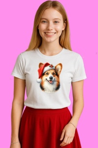 Tricou Corgi Craciun Cu Fundita, din bumbac 100%, tricou alb, Copii | Dama | Barbat