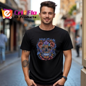 Tricou Craniu albastru mov si flori colorate fundal alb Copii | Dama | Barbat, culoare negru - Img 6